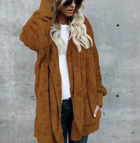 Casaco Longo Feminino De Lã Com Capuz Para Inverno