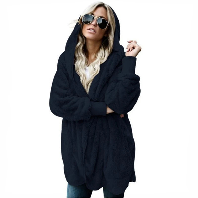 Casaco Longo Feminino De Lã Com Capuz Para Inverno