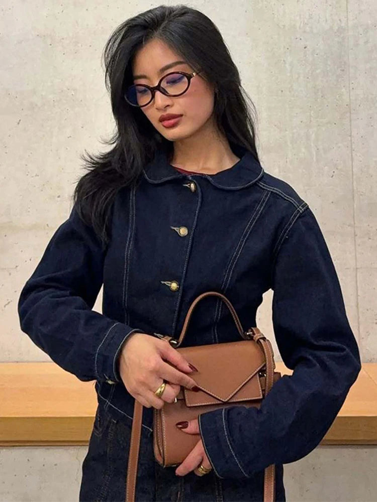 Jaqueta Jeans Feminina Moda Casual Com Lapela E Botões Dourados