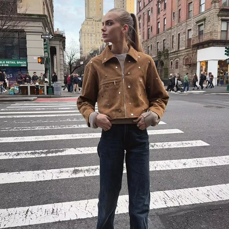 Jaqueta Feminina De Camurça Com Zíper E Strass