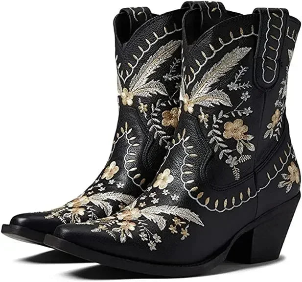 Bota Cano Curto Moda Country Com Bordado Floral - Promoção De Inverno 2025