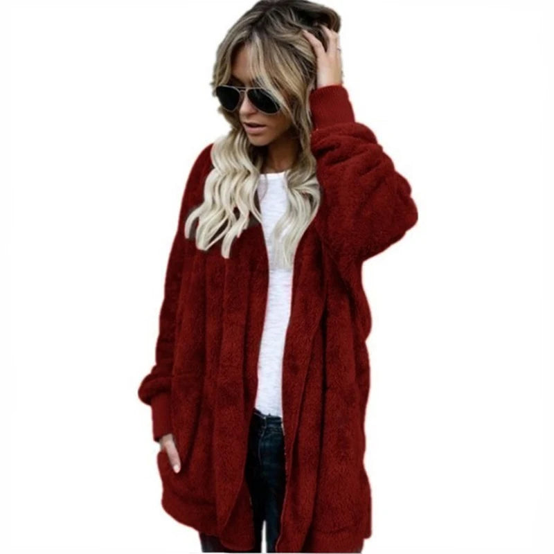 Casaco Longo Feminino De Lã Com Capuz Para Inverno