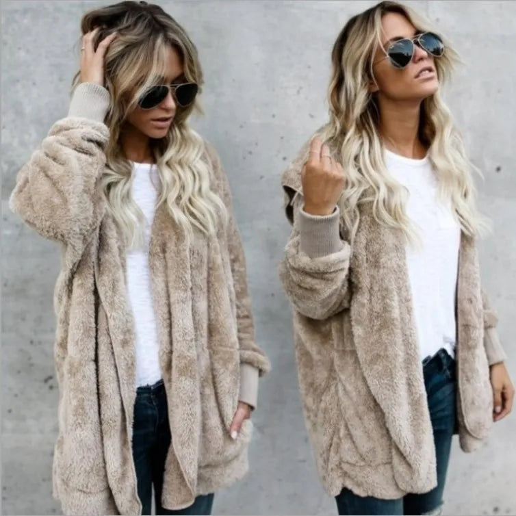 Casaco Longo Feminino De Lã Com Capuz Para Inverno