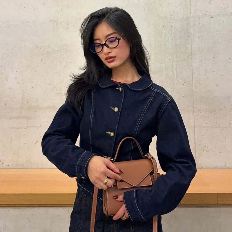 Jaqueta Jeans Feminina Moda Casual Com Lapela E Botões Dourados
