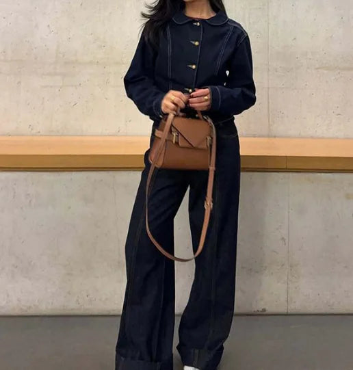 Jaqueta Jeans Feminina Moda Casual Com Lapela E Botões Dourados