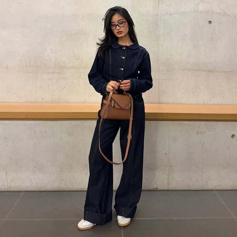 Jaqueta Jeans Feminina Moda Casual Com Lapela E Botões Dourados