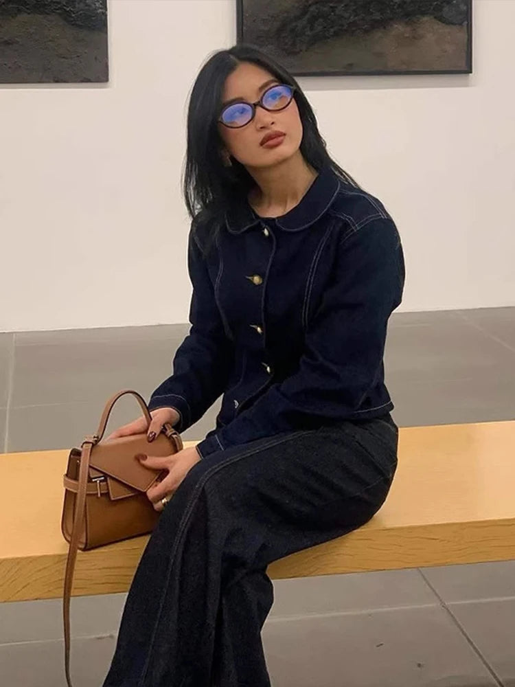 Jaqueta Jeans Feminina Moda Casual Com Lapela E Botões Dourados