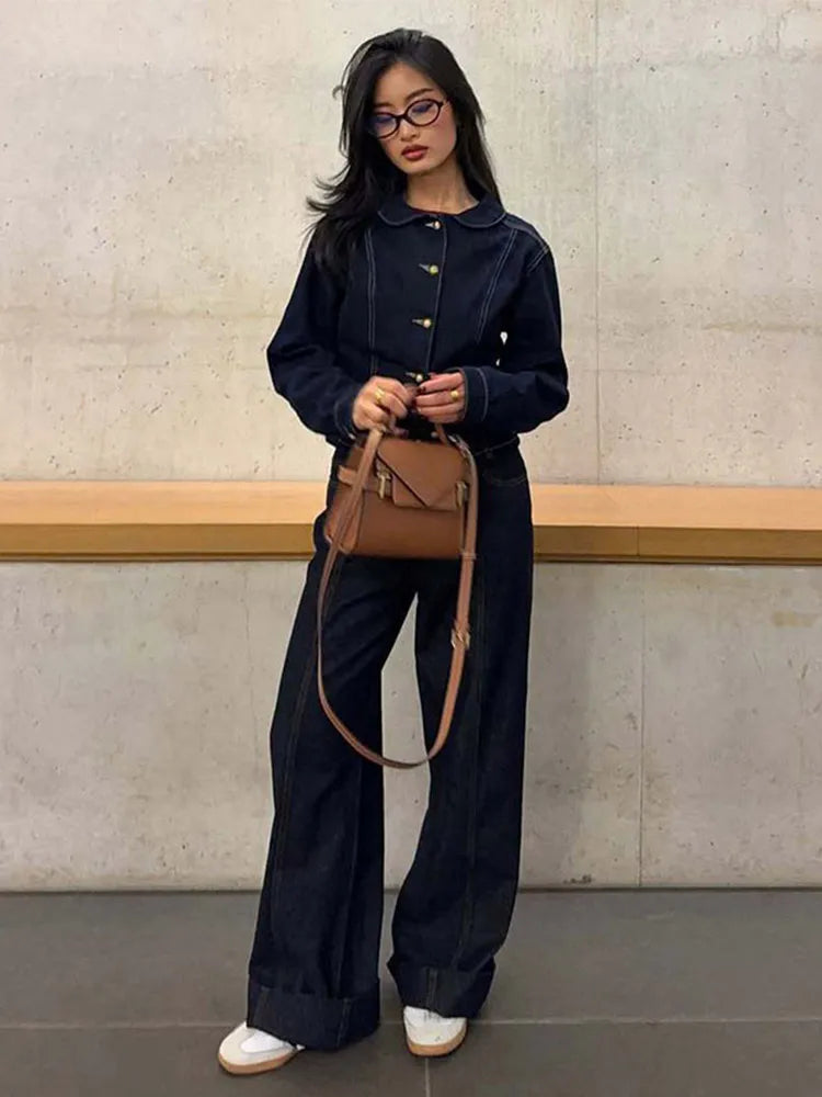 Jaqueta Jeans Feminina Moda Casual Com Lapela E Botões Dourados