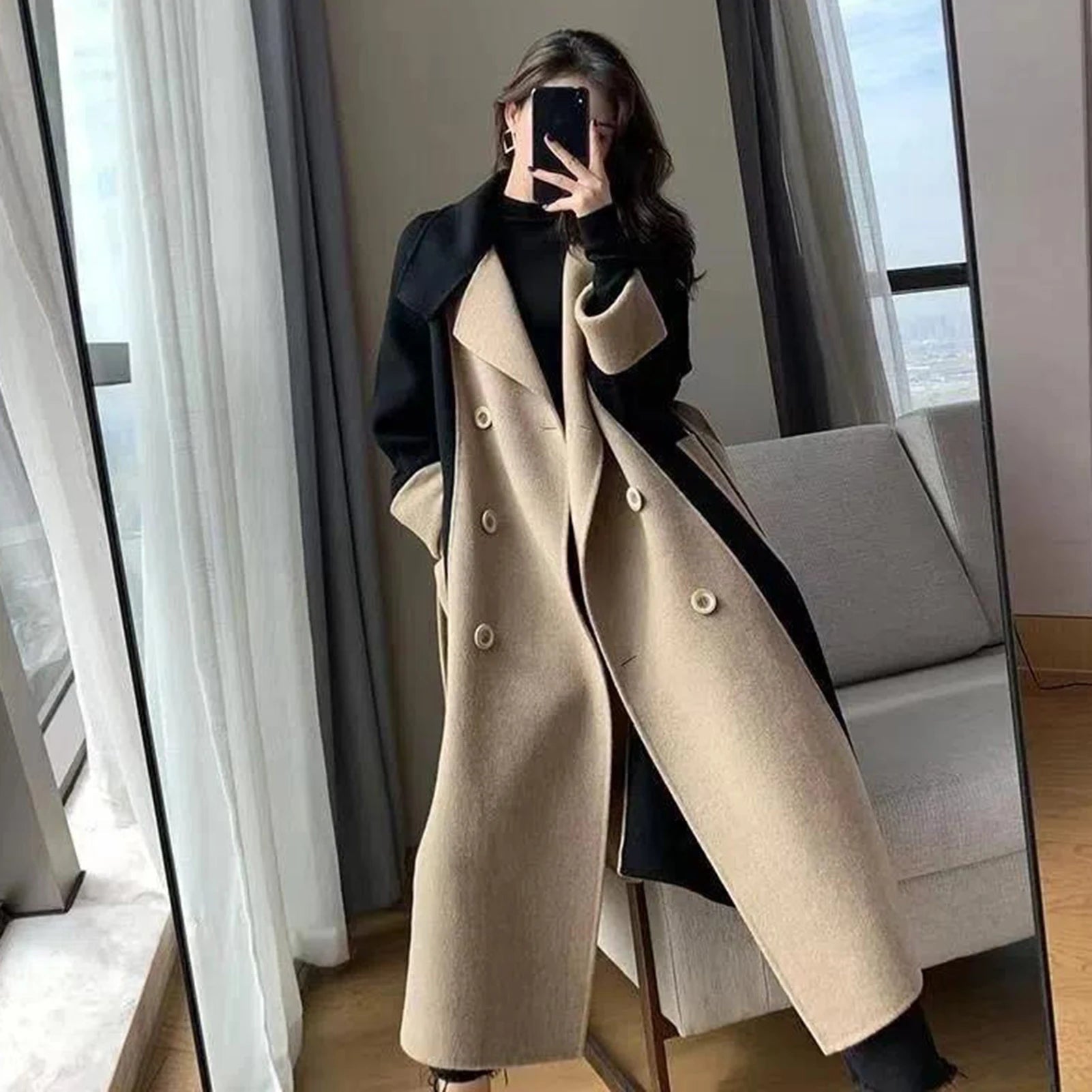 Casaco Longo Feminino Bicolor Com Cinto E Lapela - Promoção De Inverno 2025