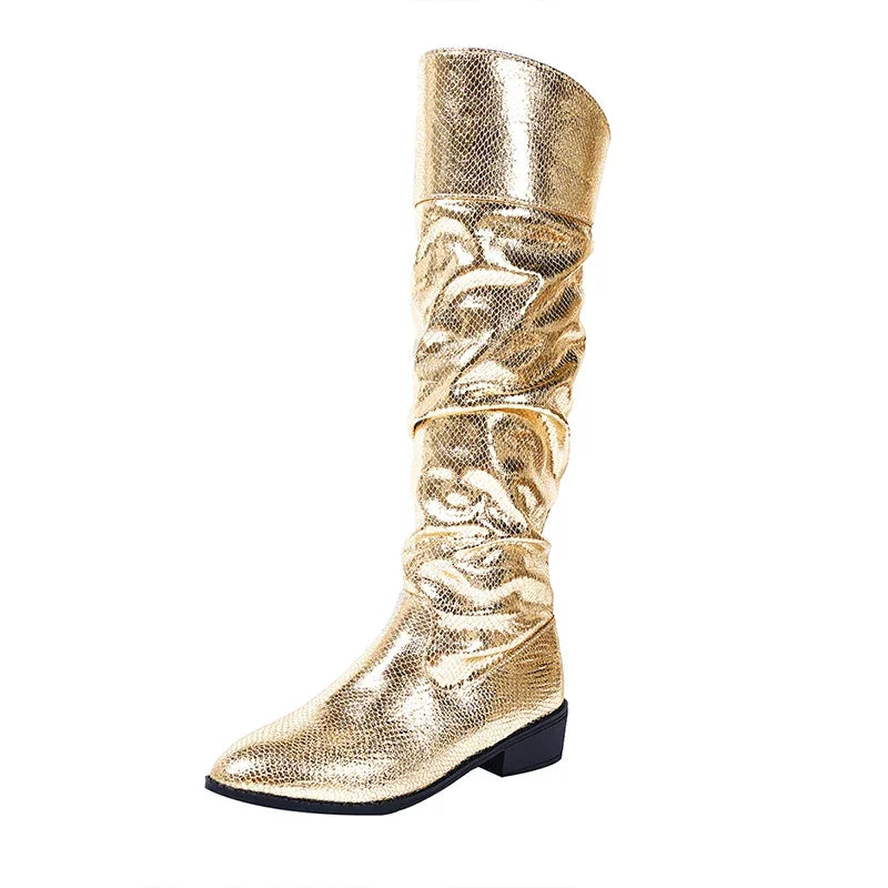Bota Feminina Plissada Metalizada Salta Baixo - Promoção De Inverno 2025