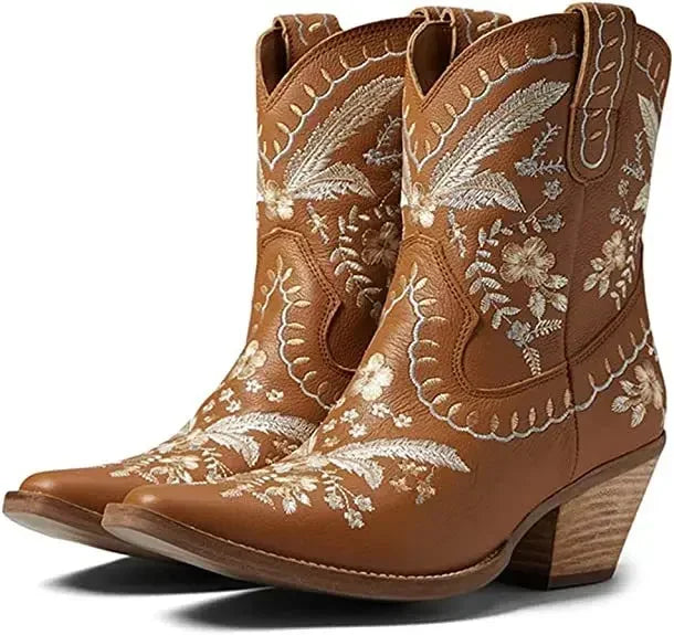 Bota Cano Curto Moda Country Com Bordado Floral - Promoção De Inverno 2025