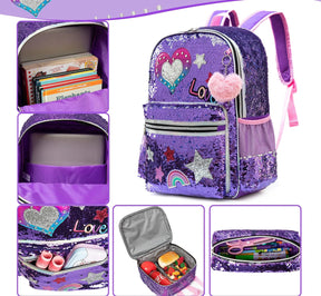 Kit Mochila Escolar Infantil Mochila Estojo e Lancheira Conjunto Completo Com Lantejoulas