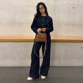 Jaqueta Jeans Feminina Moda Casual Com Lapela E Botões Dourados