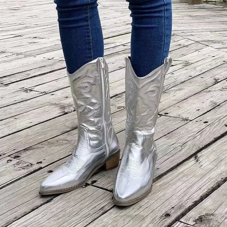 Bota Feminina Metalizada Modelo Country Bordado Tendência