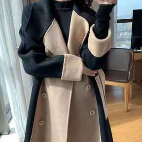 Casaco Longo Feminino Bicolor Com Cinto E Lapela - Promoção De Inverno 2025