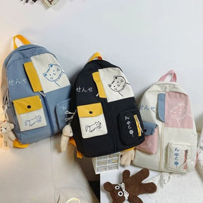 Mochila Escolar Unissex Estampa Gatinho Com Bolsos E Chaveiro