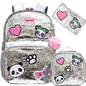 Kit Mochila Escolar Infantil Mochila Estojo e Lancheira Conjunto Completo Com Lantejoulas