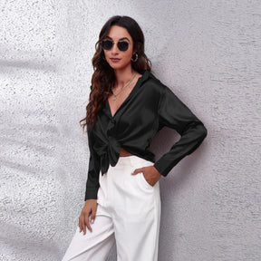Camisa Social Feminina De Cetim Com Botões Moda Casual