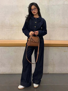 Jaqueta Jeans Feminina Moda Casual Com Lapela E Botões Dourados