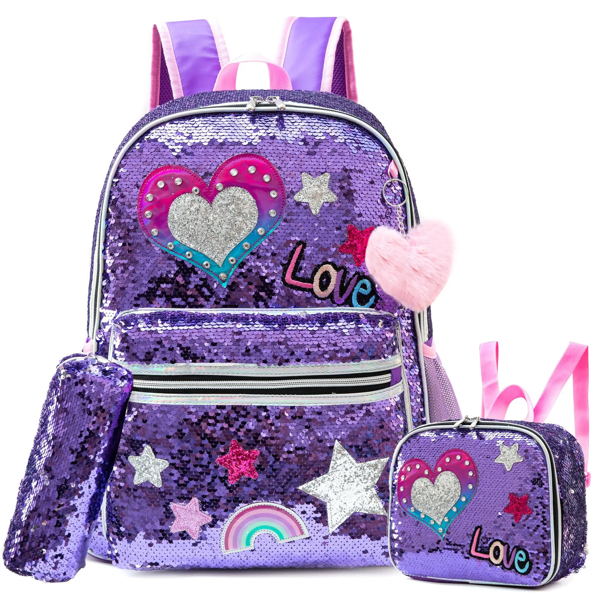 Kit Mochila Escolar Infantil Mochila Estojo e Lancheira Conjunto Completo Com Lantejoulas