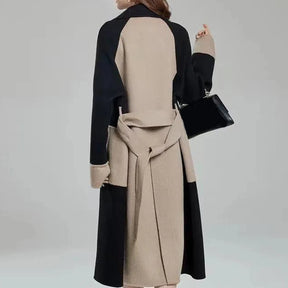 Casaco Longo Feminino Bicolor Com Cinto E Lapela - Promoção De Inverno 2025