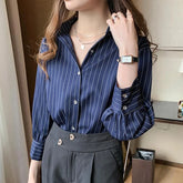 Camisa Social Feminina Com Listras E Botões Moda Casual Para Negócios