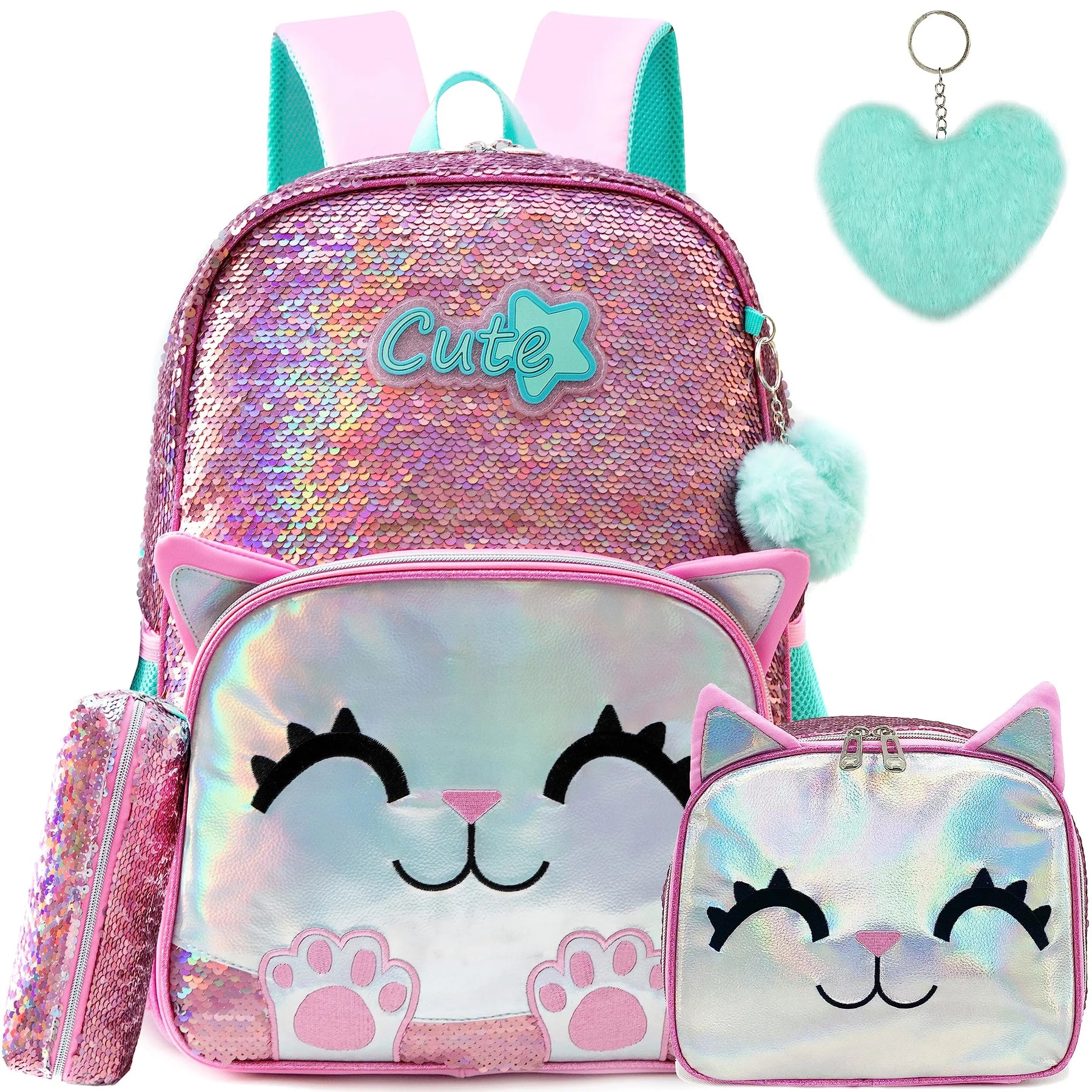 Kit Mochila Escolar Infantil Mochila Estojo e Lancheira Conjunto Completo Com Lantejoulas