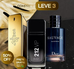 KIT 3 Perfumes Masculinos Importados (100 ml cada) - 212 Vip Black | Sauvage Dior | One Milion