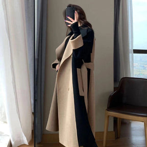 Casaco Longo Feminino Bicolor Com Cinto E Lapela - Promoção De Inverno 2025