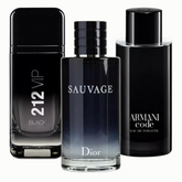 KIT 3 Perfumes Masculinos - 212 Vip Black e Armani Code e Sauvage Dior 100 ml