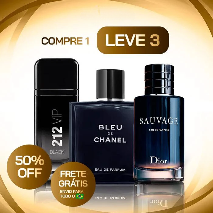 KIT 3 Perfumes Masculinos Importados (100ml cada) - Sauvage Dior | Bleu de Chanel | 212 Vip Black