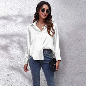 Camisa Social Feminina De Cetim Com Botões Moda Casual